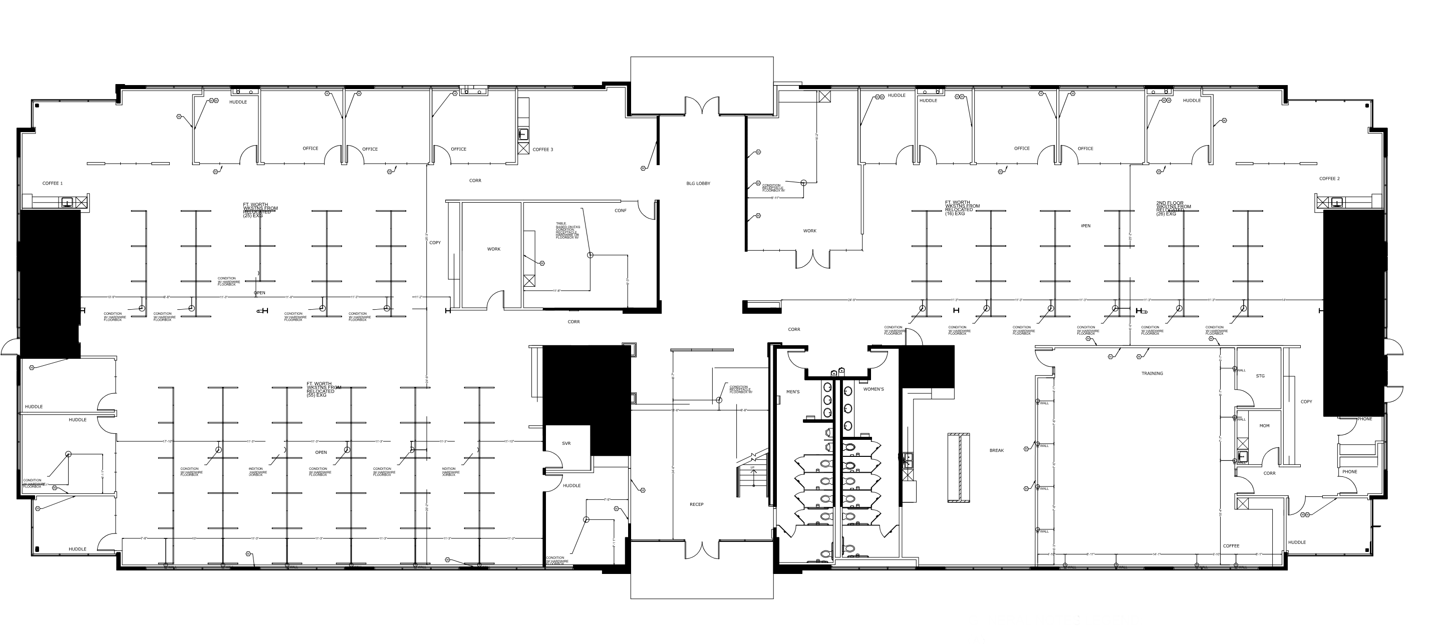 First floor plan of 8454 Parkwood showing open work areas, private offices, conference rooms, training room, kitchen and restrooms