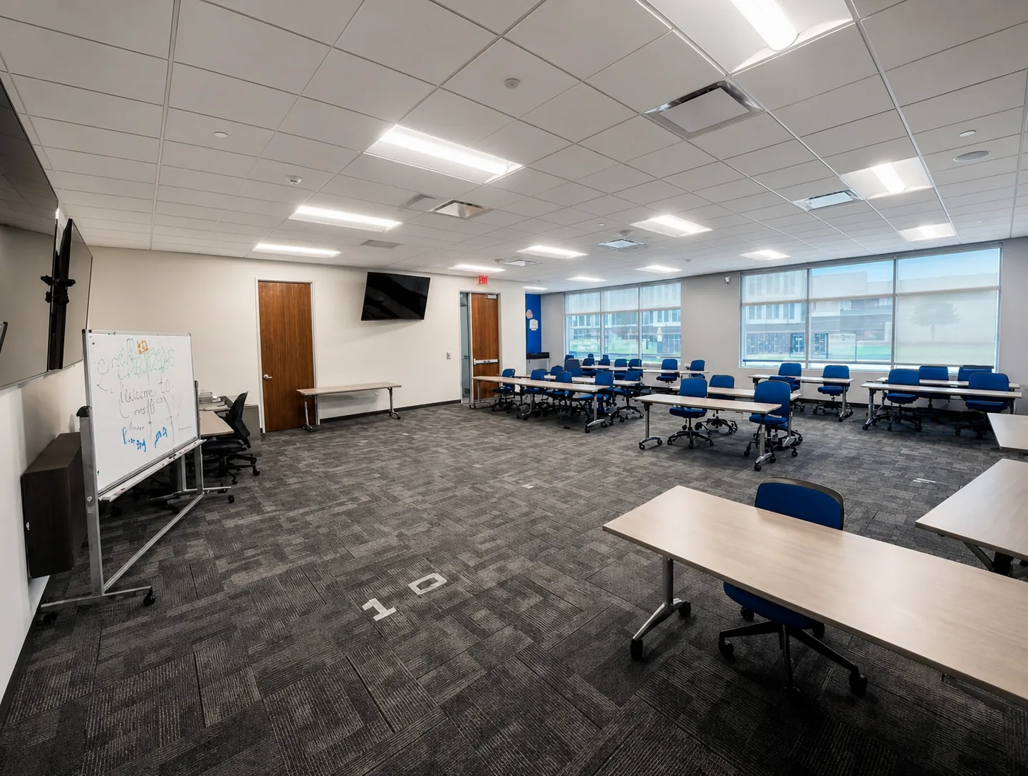 Training room on the first floor, one of the built-out spaces on the plan