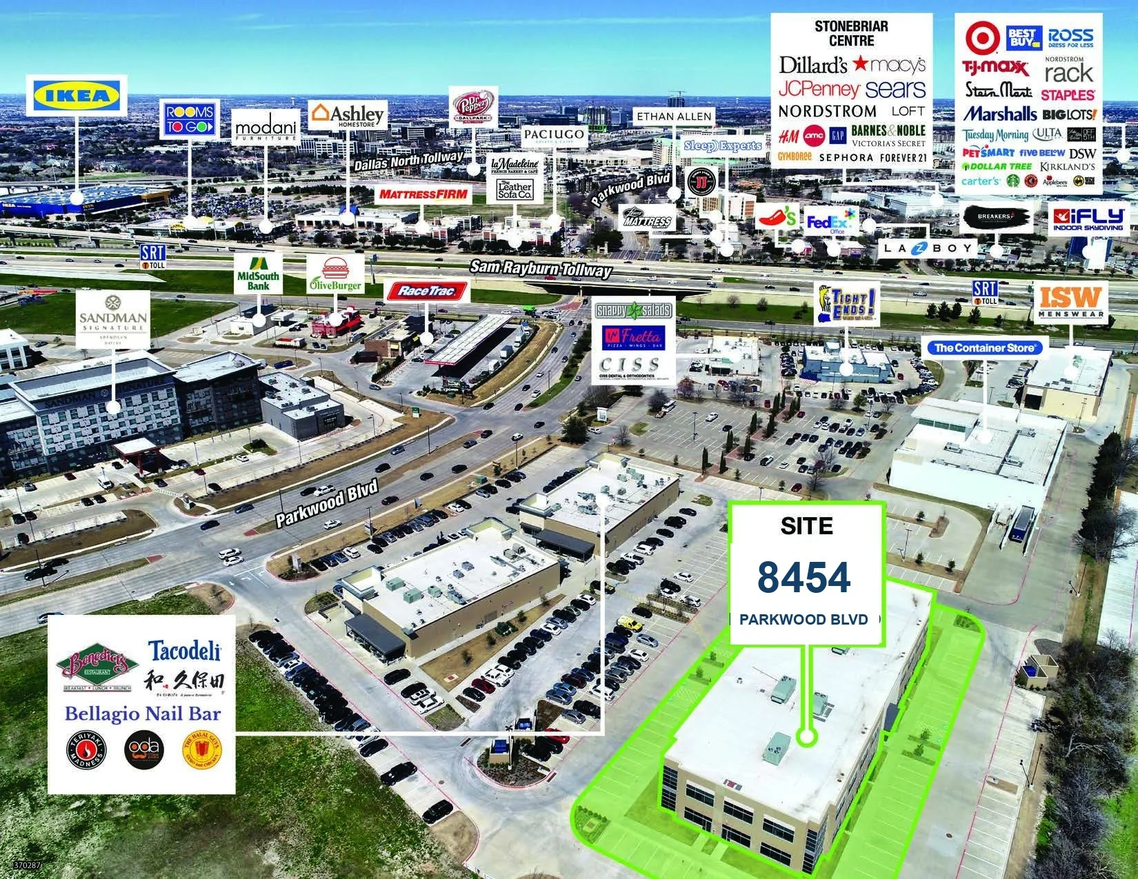 Labeled aerial showing the retail, dining, and hotels surrounding 8454 Parkwood, including Stonebriar Centre and the Sam Rayburn Tollway