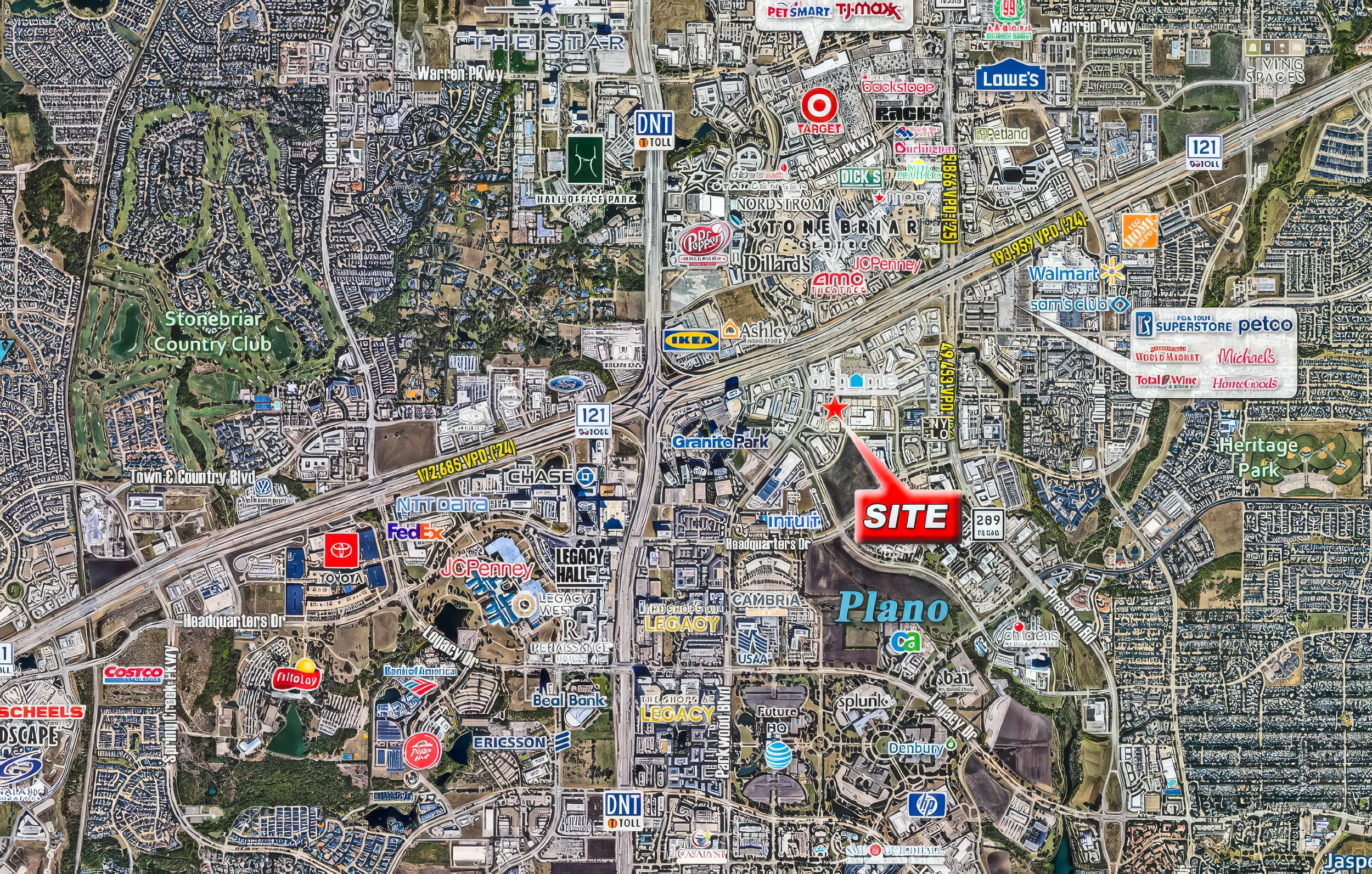 Satellite view of the SH-121 corridor with major retailers and employers labeled around the 8454 Parkwood site